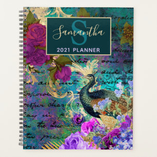Agenda Pavão floral em azul-petróleo, rosa e dourado vint
