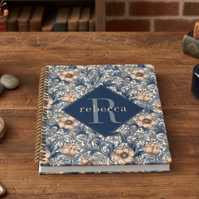 Agenda Peach Blue Floral William Morris Elegant Monogram (Criador carregado)