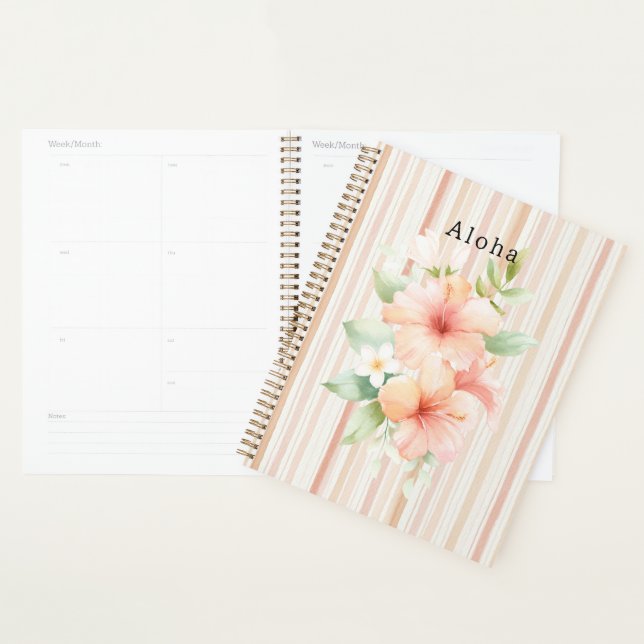 Agenda Peach Blush Cream Stripes Tropical Hibiscus Floral (Exibição)