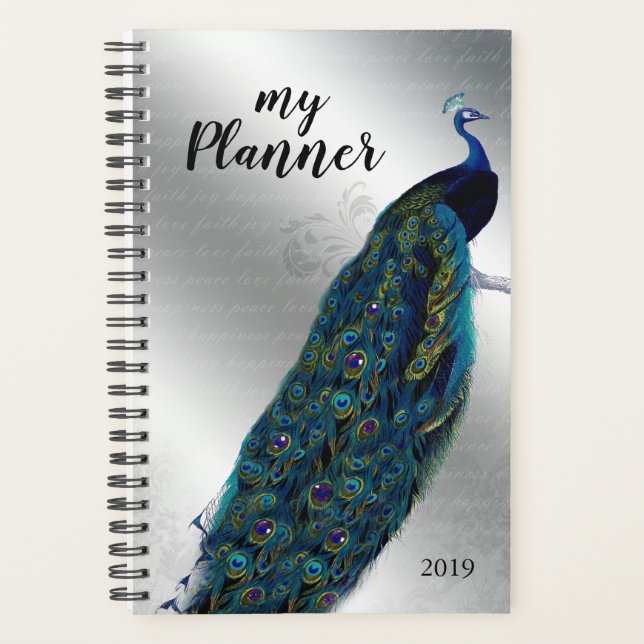 Agenda Peacock Bird Silver Letter Day Planner (Frente)