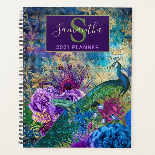 Agenda Peacock floral Dourado, azul-vegetativo, púrpura (Frente)