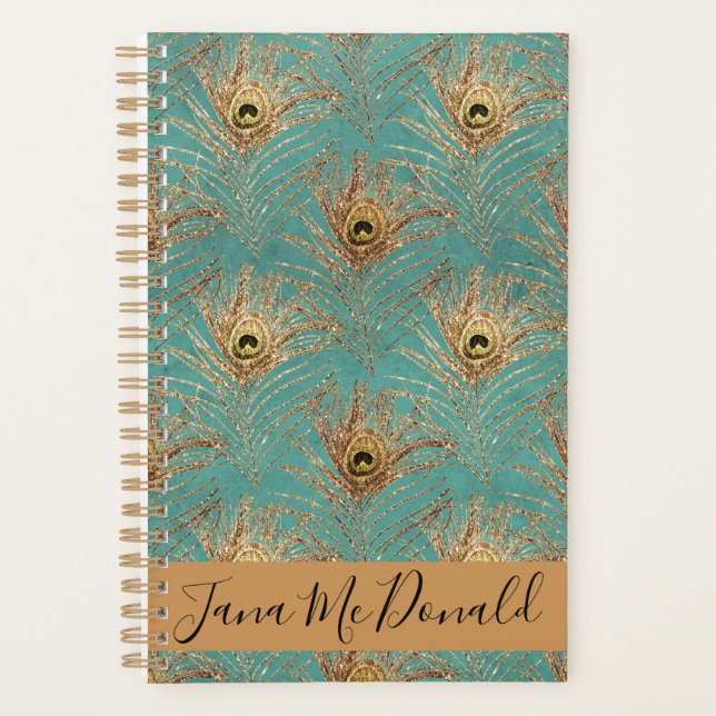 Agenda Penas de Peacock com Glitter Elegante Personalizad (Frente)