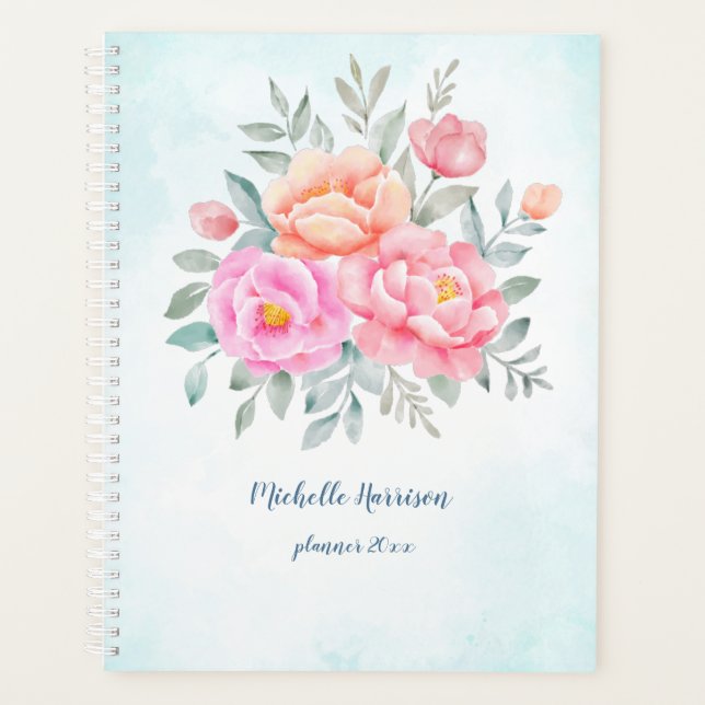 Agenda Peões de Aquarela Rosas Turquesa Rosa Floral (Frente)