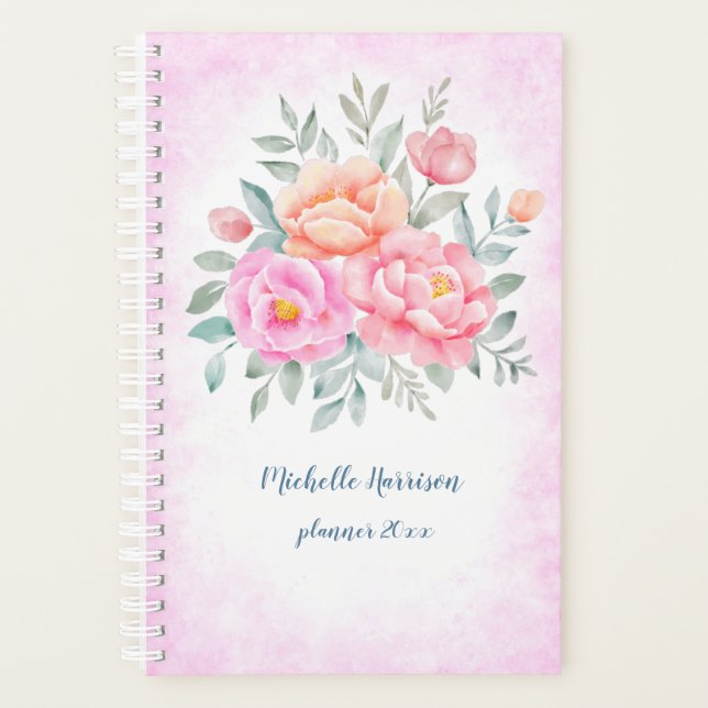 Agenda Peonas de Aquarela Rosas Pêssego Rosa Floral (Frente)