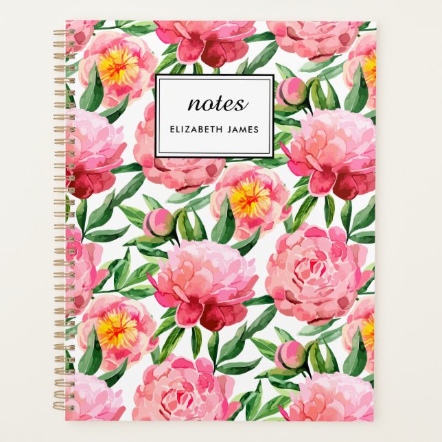 Agenda Peônias cor-de-rosa com aquarelas Padrão Chic Flor (Frente)