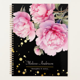 Agenda Peônias em aquarela florais Elegante Preto Dourado