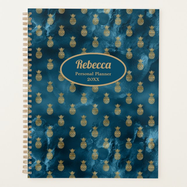Agenda Personalização Azul-Teal de Ananás Dourado Moderno (Frente)