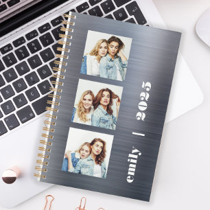 Agenda Personalizado 3-Foto Metal Prateado Brilhante 2025