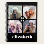 Agenda Personalizado 4-Foto Personalizado Branco Preto 20<br><div class="desc">Personalize facilmente este planejador substituindo as quatro imagens de exemplo por suas fotos quadradas favoritas. Adicione o ano no centro e o seu nome abaixo em tipografia branca e crocante sobre fundo preto.</div>