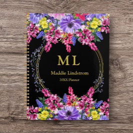 Agenda Personalizado Floral Preto Multicolorido de Luxo M