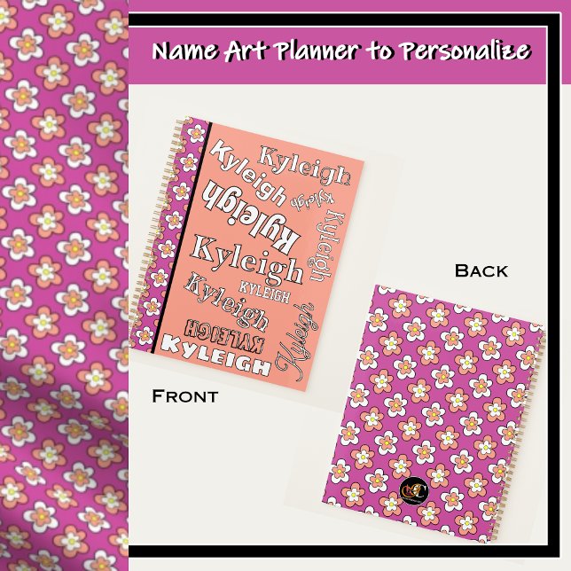 Agenda Personalizável Floral Púrpura e Pêssego (Pink and White Flowers on Purple - Name art for you to personalize.
)