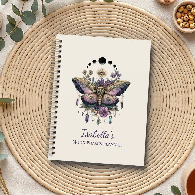 Agenda Personalized Celestial Moth & Moon Phases Witchy (Personalized Celestial Moth & Moon Phases Witchy Planner on a boho table with herbs and a cup of tea)
