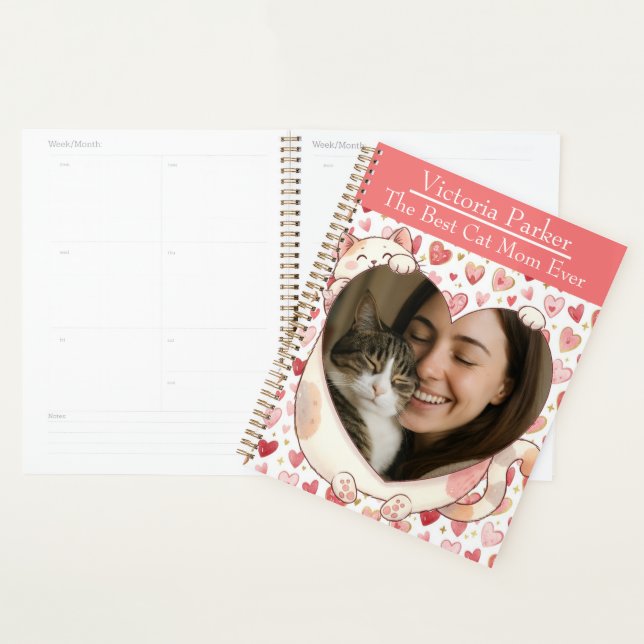 Agenda Personalized Heart Cat Hug Photo Planner  (Exibição)