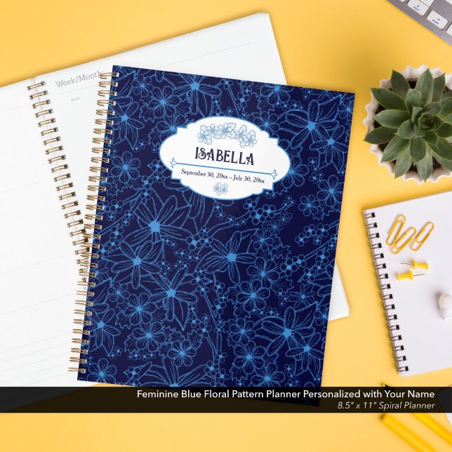 Agenda Personalized Name Feminine Blue Floral Pattern (Feminine Navy Blue Floral Pattern Planner–Personalized with Your Name )