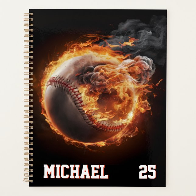 Agenda Personalized Number and Name Baseball Ball on Fire (Frente)