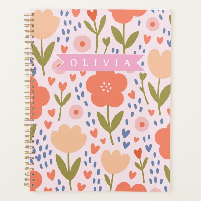 Agenda Personalized pink nordic cute folk floral pattern (Frente)