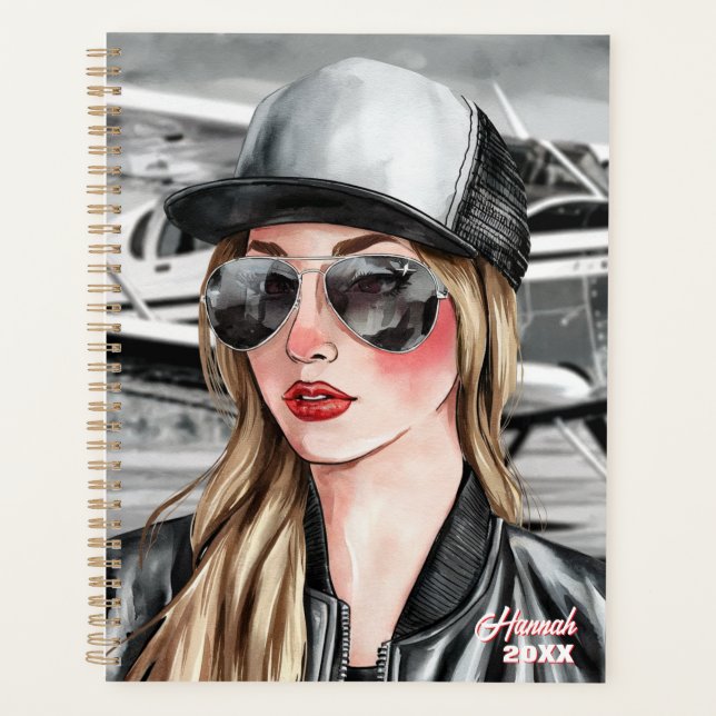 Agenda Piloto feminino e óculos de sol Cessna Avião Natal (Frente)
