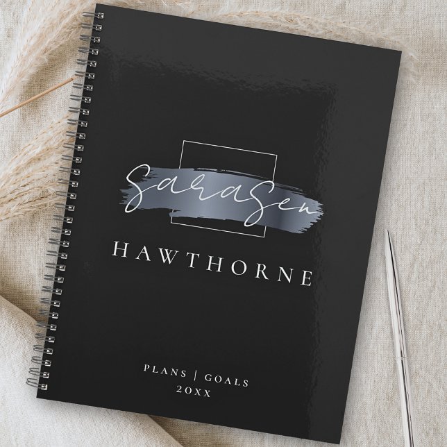 Agenda Pincel Chic Traço Cinza Negra Faux Silver Monogram (Criador carregado)