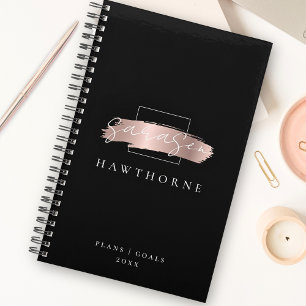Agenda Pincel Chic Traço Negra Rosa Monograma Dourado