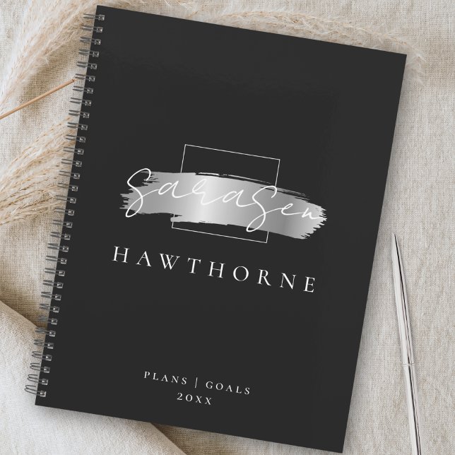 Agenda Pincel Chic Traço Preto Faux Silver Monograma Pinc (Criador carregado)