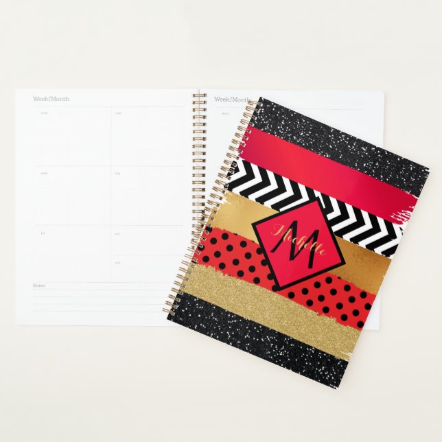 Agenda Pincel Dourado Vermelho Preto Escovo Monograma (Exibição)