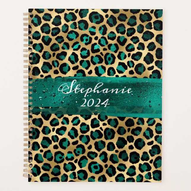 Agenda Pincel Verde-Teal e Folha-Ouro-Leopardo-Pincel (Frente)