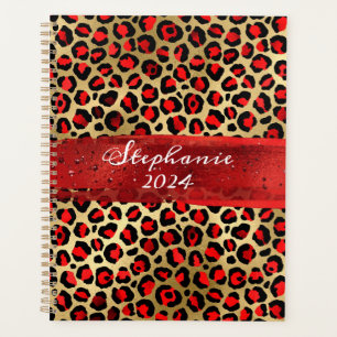 Agenda Pincelada de Leopardo em Folha de Ouro e Vermelho