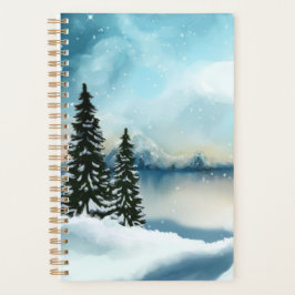 Agenda Pinheiros nevados perto de um lago