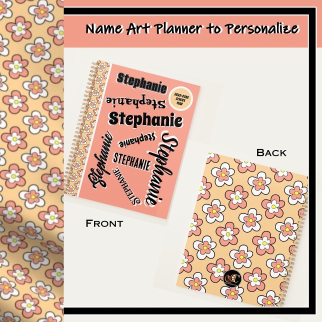 Agenda Pink e Pêssego Floral Personalizado Personalizável (Peach, pink and white floral name art personalized planners.)