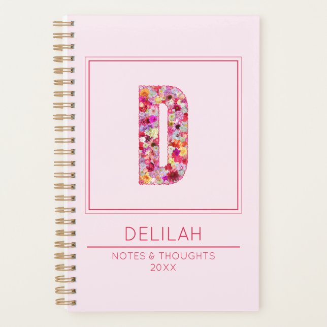 Agenda Pink Floral Feminine Monogram Name Letter D (Frente)