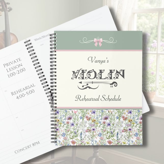 Agenda Pink Floral Violin Rehearsal Planner | Sage Green (Personalized Violin Rehearsal Planner | Enchanted Meadow Pink Floral Aesthetic | Custom Gift)