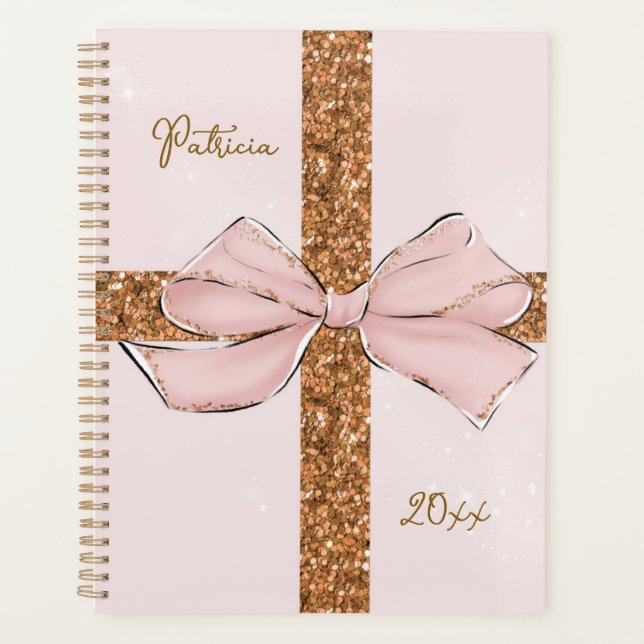 Agenda Pink Glitter Stripes & Bow Personalized Planner (Frente)