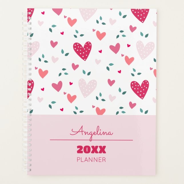 Agenda Pink Hearts Pattern Kids Academic School Planner (Frente)