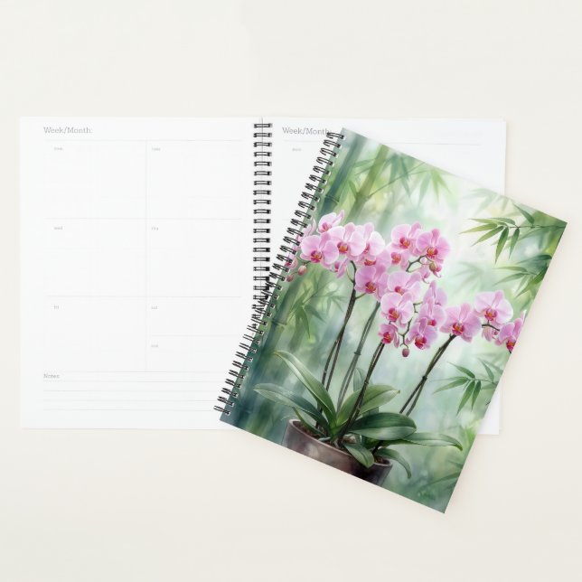 Agenda Pink Orchids On Green Bamboo Background (Exibição)