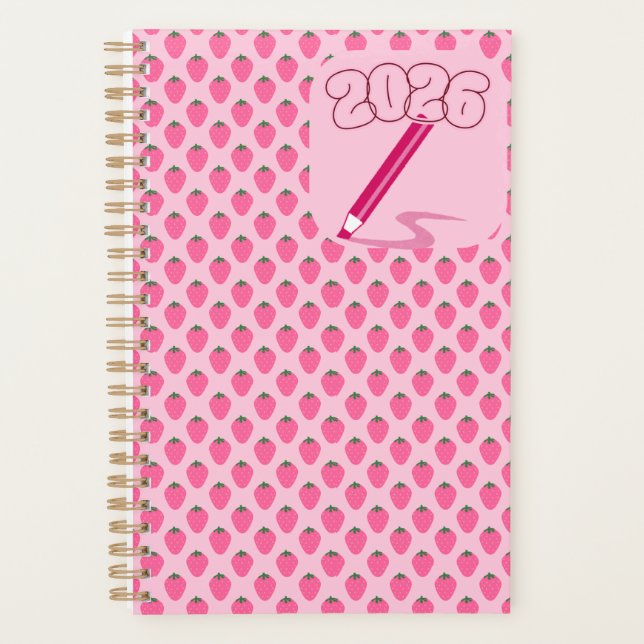 Agenda Pink Strawberries Planner, Cute Fruit Aesthetic (Frente)