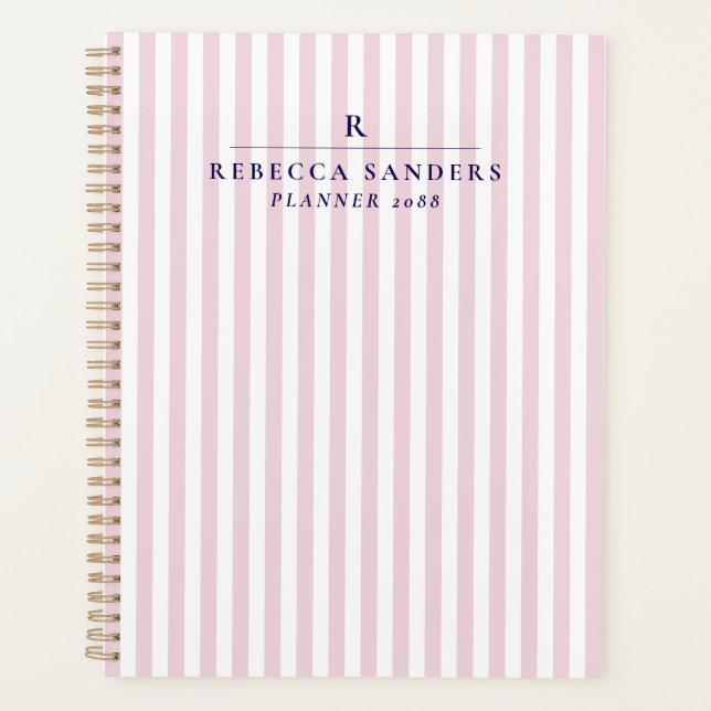 Agenda Pink Stripes, Elegant Monogrammed Planner (Frente)