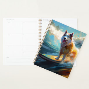 Agenda Pintura de Malamute do Alasca Surfando na Praia