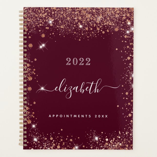 Agenda Planeador Burgundy glitter dust name script 2022 (Frente)