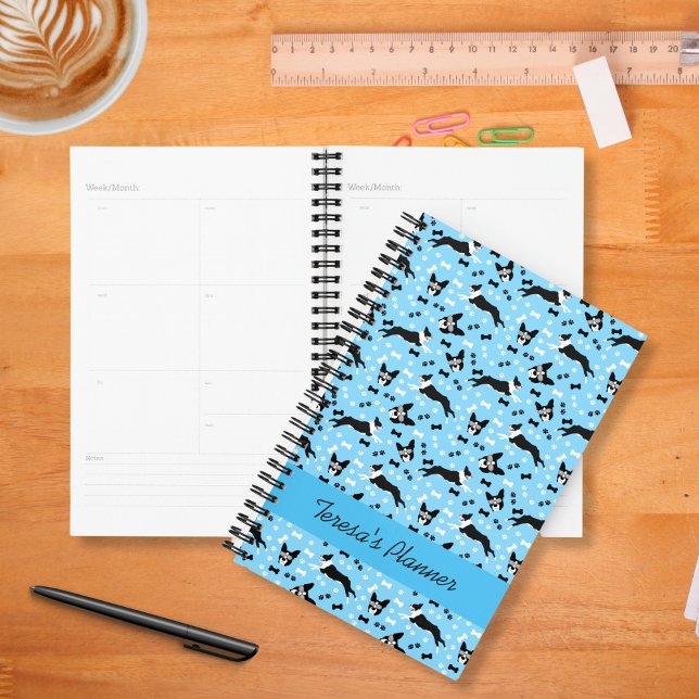 Agenda Planeador de Calendário Bonito de Boston Terriers (Boston Terriers Planner in blue)