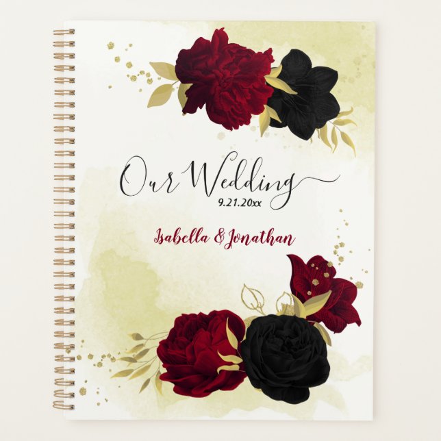 Agenda Planeador de casamento de flores negras e vermelha (Frente)