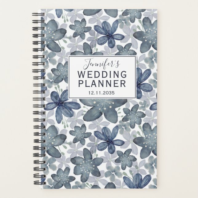 Agenda Planeador de Casamento de Padrão Floral Azul Rusti (Frente)