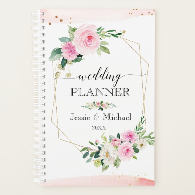 Agenda Planeador de Casamento Floral Moderno Rosa e Doura (Frente)