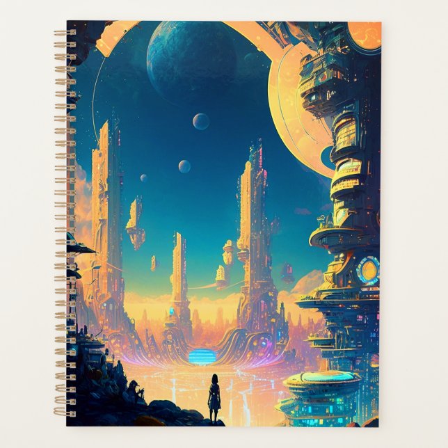 Agenda Planeador de Cidade Futurística com Ficção Científ (Frente)