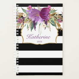 Agenda Planeador de Flores de Água Púrpura e Dourada