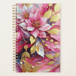 Agenda Planeador de flores rosa e douradas