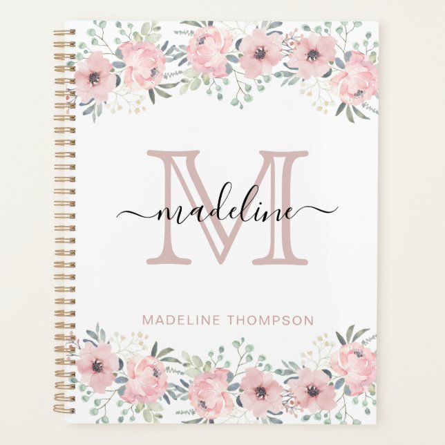 Agenda Planeador de Monograma Rosa, Blush Floral Moderno  (Frente)