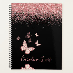 Agenda Planeador de Rosa de Borboleta Dourada Glitter 202