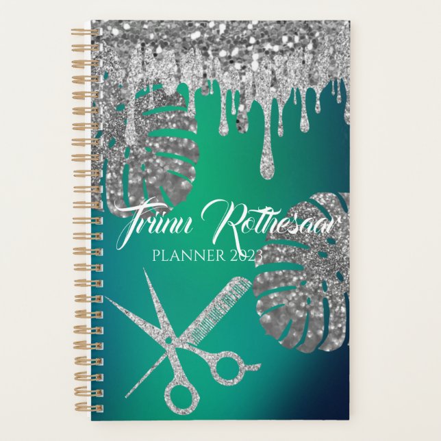 Agenda Planeador de Salão de Cabelo Glitter Verde (Frente)