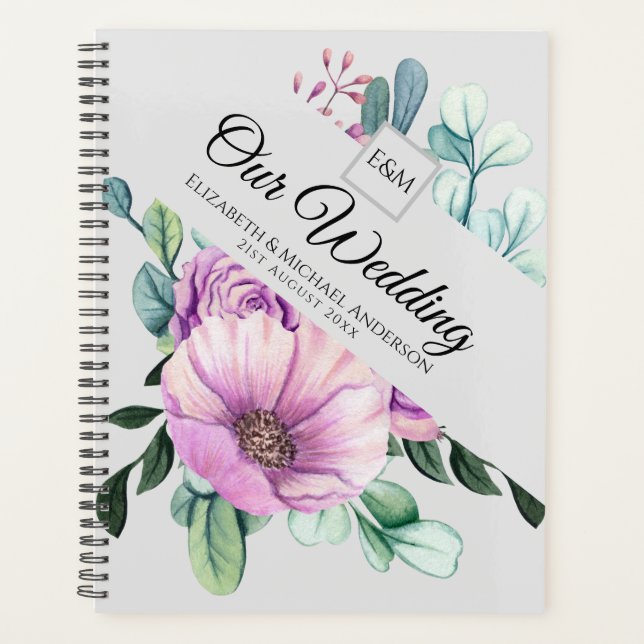 Agenda Planeador de WEDDING do Monograma Purple Floral (Frente)