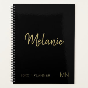Agenda Planeador do Monograma Elegante Negro Dourado Mode
